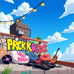 A 2D illustration of a rooftop belonging to a teenage emo rock fan, portrayed in a 1:1 aspect ratio and in the vibrant, playful style of the game IncrediBox