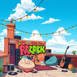 A 2D illustration of a rooftop belonging to a teenage emo rock fan, portrayed in a 1:1 aspect ratio and in the vibrant, playful style of the game IncrediBox