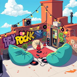 A 2D illustration of a rooftop belonging to a teenage emo rock fan, portrayed in a 1:1 aspect ratio and in the vibrant, playful style of the game IncrediBox