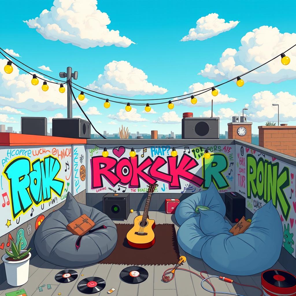 A 2D illustration of a rooftop belonging to a teenage emo rock fan, portrayed in a 1:1 aspect ratio and in the vibrant, playful style of the game IncrediBox