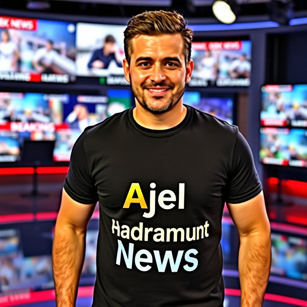 A thirty-something Arab male news anchor wearing a casual t-shirt that reads 'Ajel Hadramout News' prominently displayed