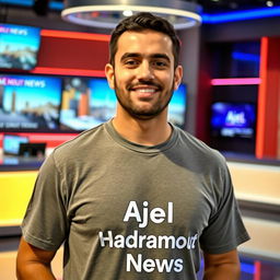 A thirty-something Arab male news anchor wearing a casual t-shirt that reads 'Ajel Hadramout News' prominently displayed