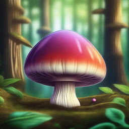 A vivid and high-quality digital art piece featuring a mushroom with a large, bulbous cap that resembles a head