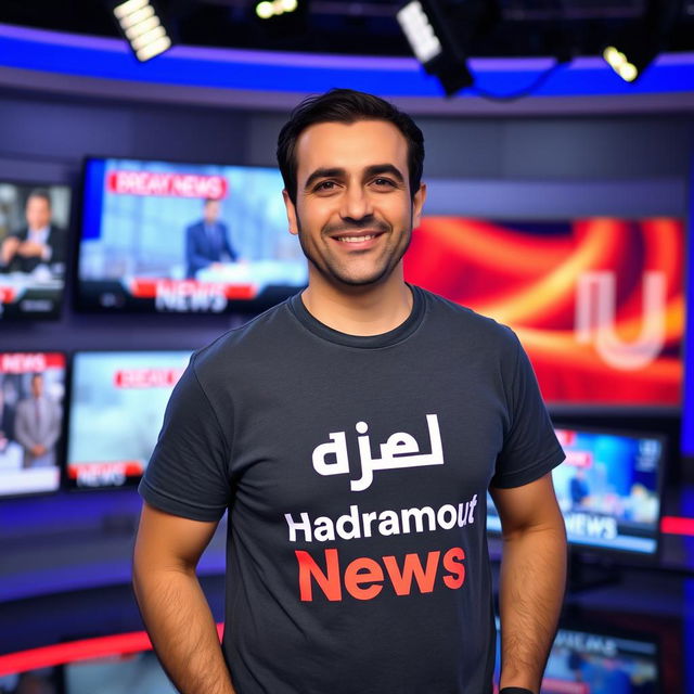 A thirty-something Arab male news anchor wearing a casual t-shirt that reads 'Ajel Hadramout News' prominently displayed