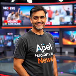 A thirty-something Arab male news anchor wearing a casual t-shirt that reads 'Ajel Hadramout News' prominently displayed