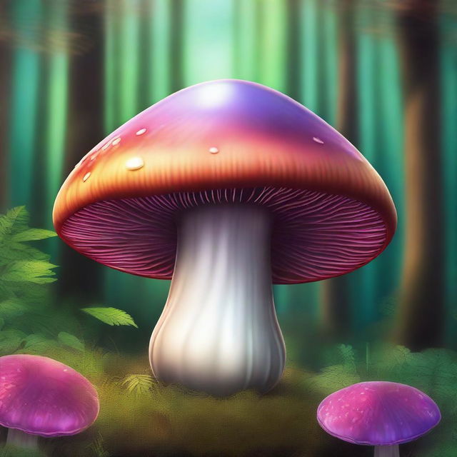 A vivid and high-quality digital art piece featuring a mushroom with a large, bulbous cap that resembles a head