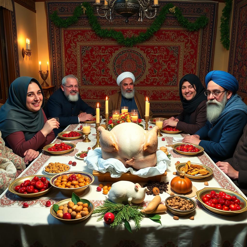 An Iranian dinner table beautifully decorated for Yalda night, featuring five guests enjoying the festive atmosphere