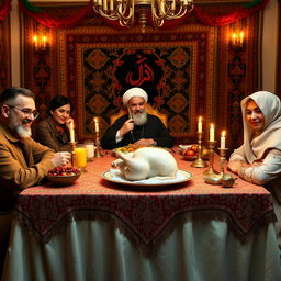 An Iranian dinner table beautifully decorated for Yalda night, featuring five guests enjoying the festive atmosphere