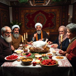 An Iranian dinner table beautifully decorated for Yalda night, featuring five guests enjoying the festive atmosphere