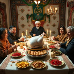 An Iranian dinner table beautifully decorated for Yalda night, featuring five guests enjoying the festive atmosphere