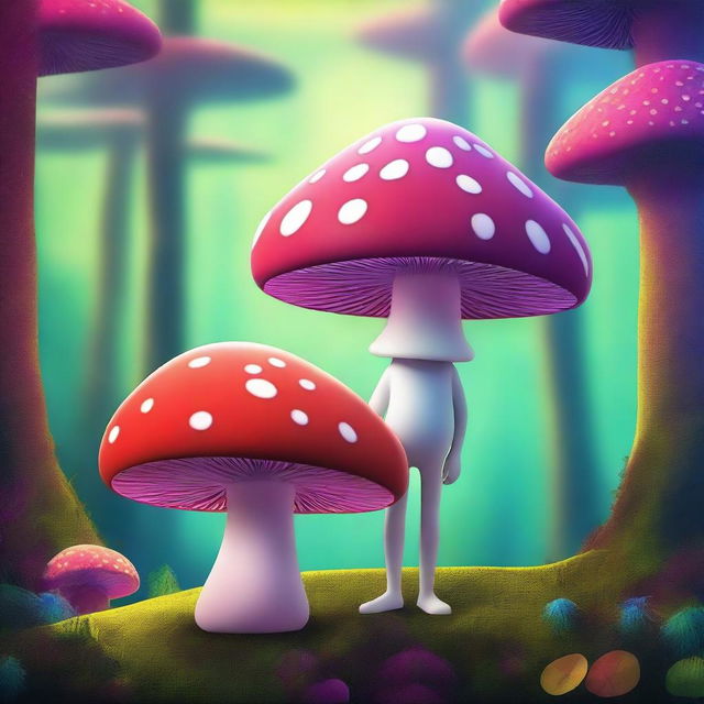 An imaginative, high-quality digital art piece featuring a mushroom with a body