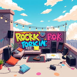 A 2D illustration of a rooftop belonging to a teenage emo rock fan, designed in a 1:1 aspect ratio and inspired by the vibrant and playful style of the game IncrediBox