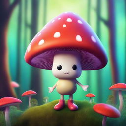 An imaginative, high-quality digital art piece featuring a mushroom with a body