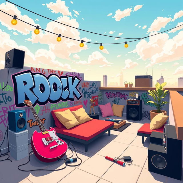 A 2D illustration of a rooftop belonging to a teenage emo rock fan, designed in a 1:1 aspect ratio and inspired by the vibrant and playful style of the game IncrediBox