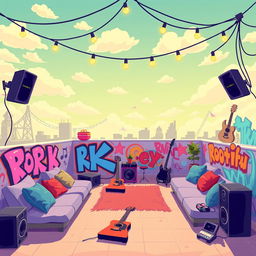 A 2D illustration of a rooftop belonging to a teenage emo rock fan, designed in a 1:1 aspect ratio and inspired by the vibrant and playful style of the game IncrediBox