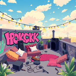 A 2D illustration of a rooftop belonging to a teenage emo rock fan, designed in a 1:1 aspect ratio and inspired by the vibrant and playful style of the game IncrediBox