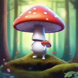 An imaginative, high-quality digital art piece featuring a mushroom with a body