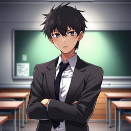 Ayanokoji Kiyotaka, a young male character, with short black hair and sharp, intelligent features