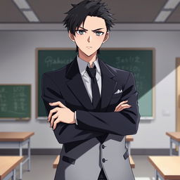 Ayanokoji Kiyotaka, a young male character, with short black hair and sharp, intelligent features