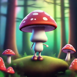 An imaginative, high-quality digital art piece featuring a mushroom with a body