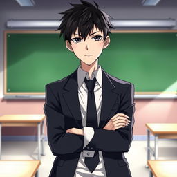 Ayanokoji Kiyotaka, a young male character, with short black hair and sharp, intelligent features