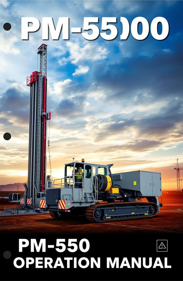 An operation manual cover design for the PM-5500 drilling rig, featuring a sleek and modern design with a focus on heavy machinery