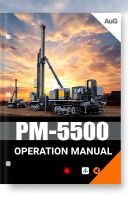 An operation manual cover design for the PM-5500 drilling rig, featuring a sleek and modern design with a focus on heavy machinery