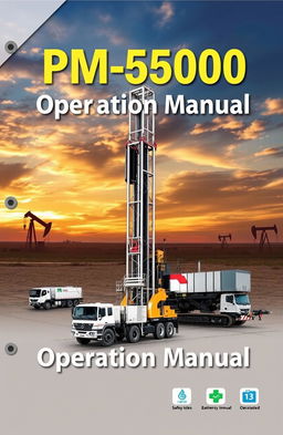 An operation manual cover design for the PM-5500 drilling rig, featuring a sleek and modern design with a focus on heavy machinery