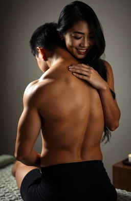 A sexy Asian woman, with beautiful long black hair and an alluring smile, skillfully massaging the back of a muscular man