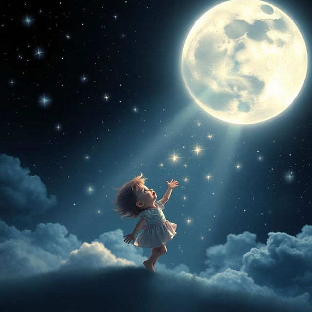 A whimsical and dreamy scene showcasing a child joyfully flooding the dark sky with bright, radiant moonlight and sparkling stars