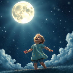 A whimsical and dreamy scene showcasing a child joyfully flooding the dark sky with bright, radiant moonlight and sparkling stars
