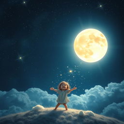 A whimsical and dreamy scene showcasing a child joyfully flooding the dark sky with bright, radiant moonlight and sparkling stars