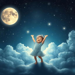 A whimsical and dreamy scene showcasing a child joyfully flooding the dark sky with bright, radiant moonlight and sparkling stars