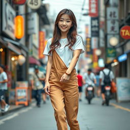 A beautiful Korean woman posing elegantly and cutely, wearing a t-shirt and overalls paired with sporty sneakers