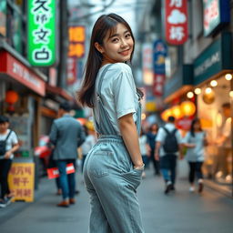A beautiful Korean woman posing elegantly and cutely, wearing a t-shirt and overalls paired with sporty sneakers