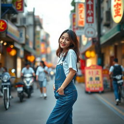 A beautiful Korean woman posing elegantly and cutely, wearing a t-shirt and overalls paired with sporty sneakers