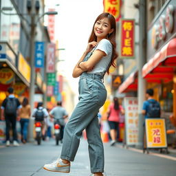 A beautiful Korean woman posing elegantly and cutely, wearing a t-shirt and overalls paired with sporty sneakers