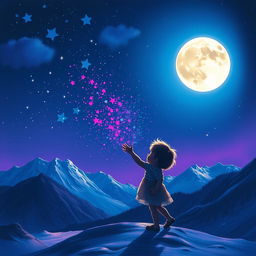 A whimsical and enchanting scene depicting a child playfully flooding a dark sky with vibrant hues of blue and purple