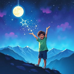 A whimsical and enchanting scene depicting a child playfully flooding a dark sky with vibrant hues of blue and purple