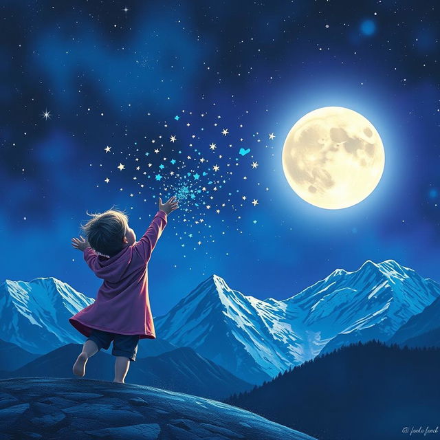 A whimsical and enchanting scene depicting a child playfully flooding a dark sky with vibrant hues of blue and purple