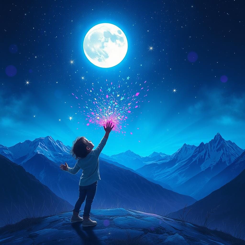 A whimsical and enchanting scene depicting a child playfully flooding a dark sky with vibrant hues of blue and purple