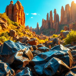 A vibrant fantasy landscape showcasing a variety of igneous rocks