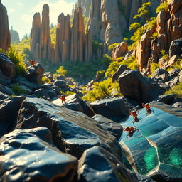 A vibrant fantasy landscape showcasing a variety of igneous rocks