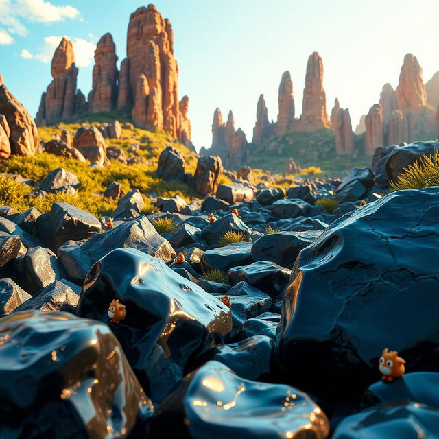 A vibrant fantasy landscape showcasing a variety of igneous rocks