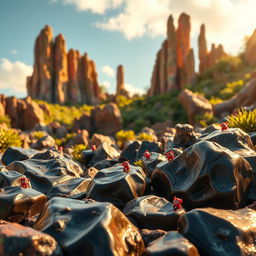 A vibrant fantasy landscape showcasing a variety of igneous rocks