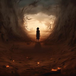 A scene from a story embodying Maya Angelou's poem 'Still I Rise', shown in the style of Makoto Shinkai. Display a figure rising from the dirt against a background of bitter, twisted lies etched into history.