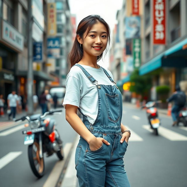 A beautiful Asian woman posing gracefully and cutely, wearing a t-shirt and overalls, with sneakers on