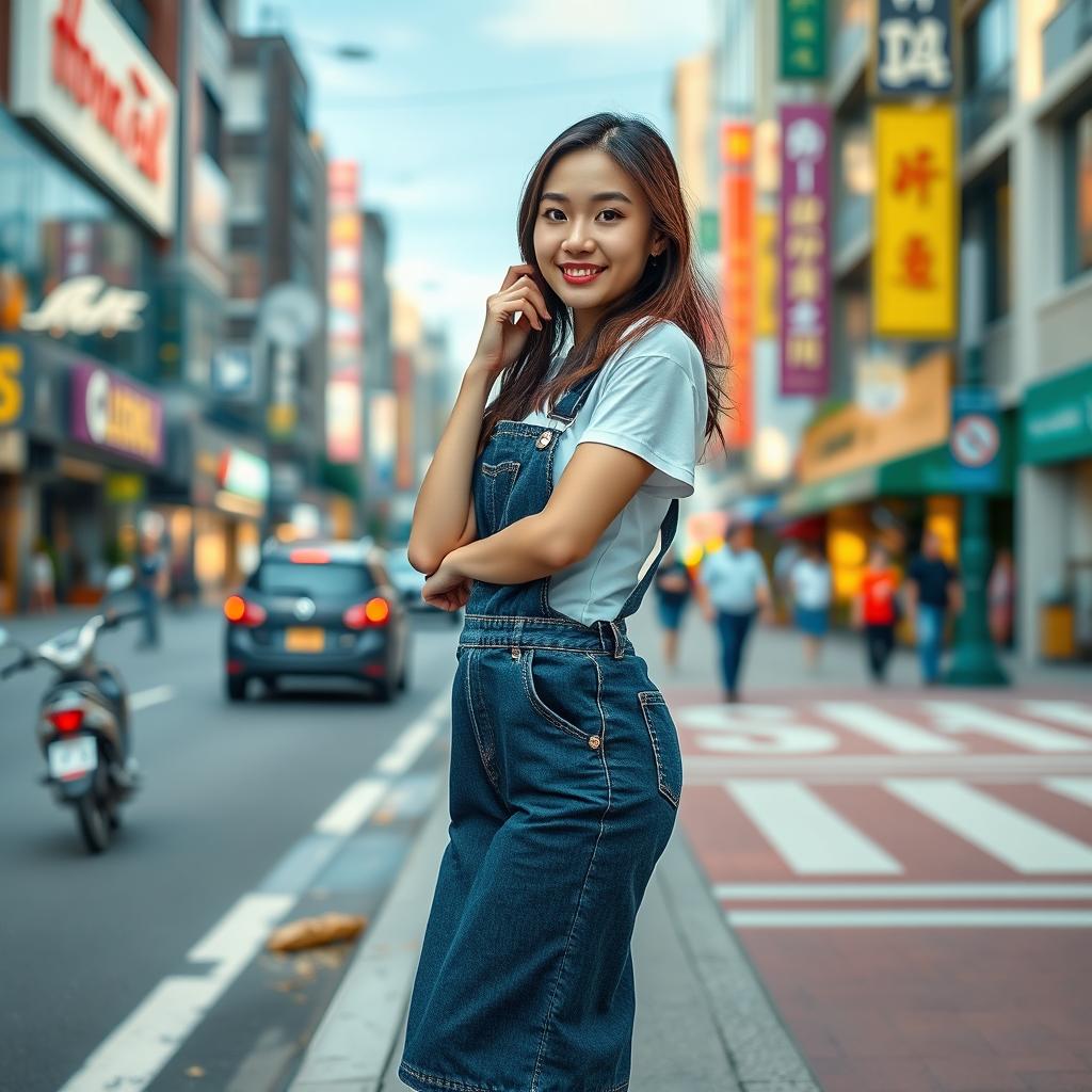 A beautiful Asian woman posing gracefully and cutely, wearing a t-shirt and overalls, with sneakers on