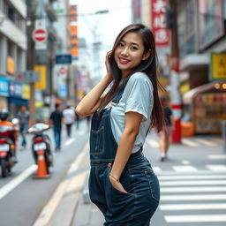 A beautiful Asian woman posing gracefully and cutely, wearing a t-shirt and overalls, with sneakers on