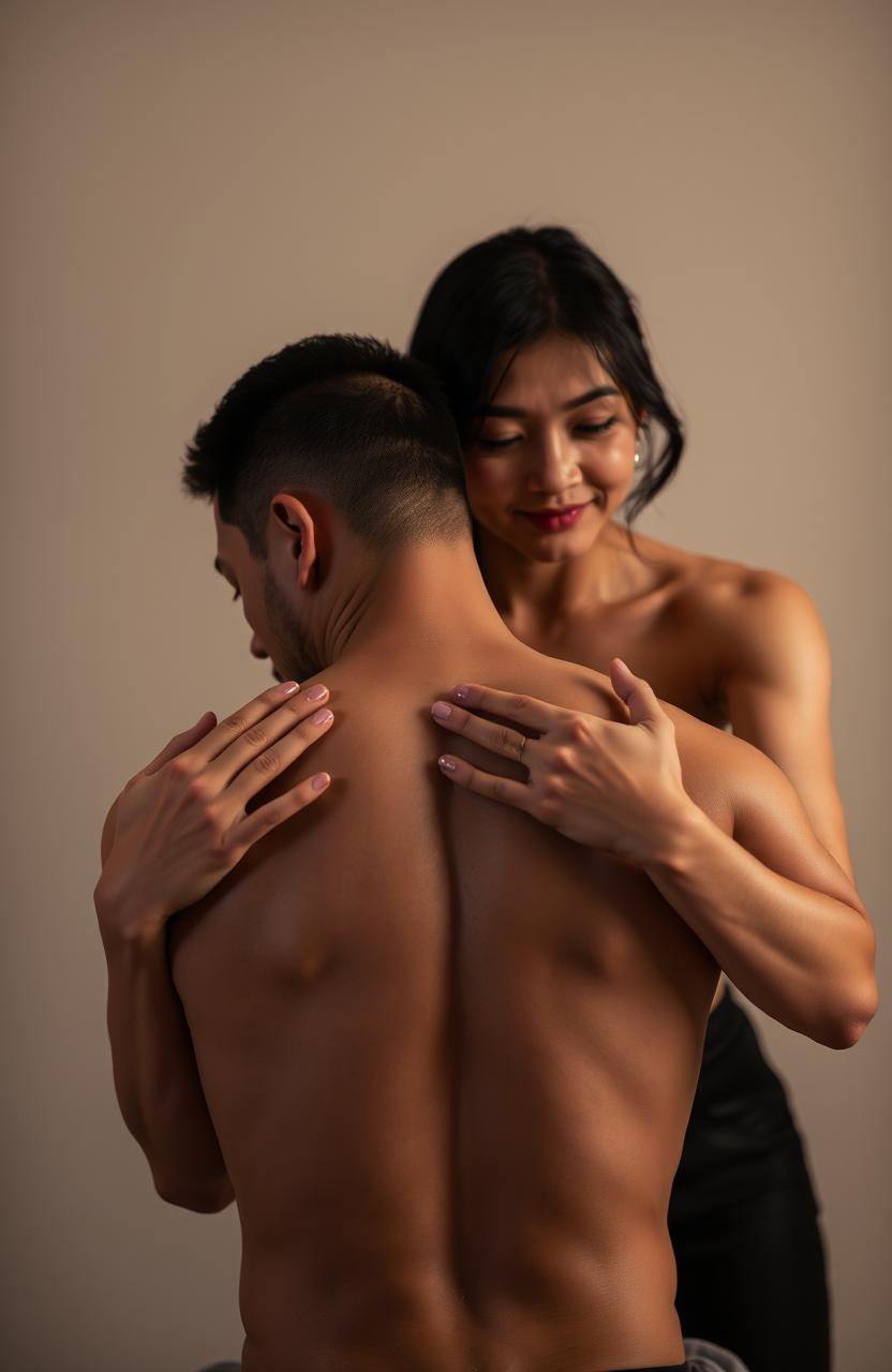 A sensual scene featuring a sexy Asian woman massaging a muscular white man's back